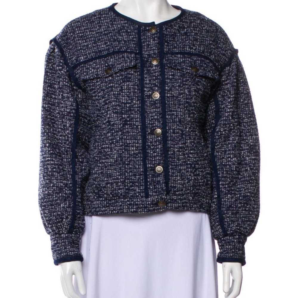 Joie Navy Bouclé Button-Front Jacket with Contrast Trim